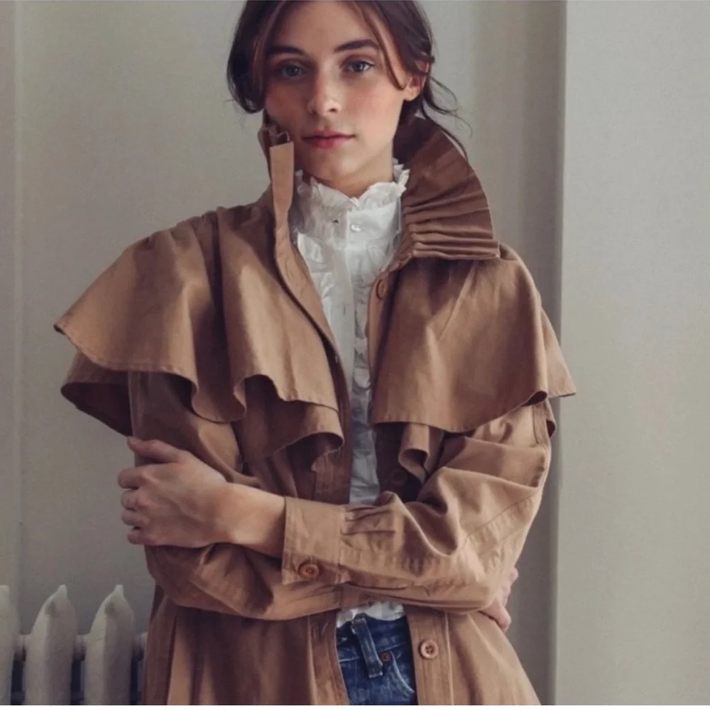 Women’s Camel Trench Coat with Ruffle Cape Detail - Picture 3 of 16